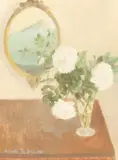 British, Still life of a vase of flowers with wall mounted mirror behind by Angela Burfoot, oil on board, sold Dec 2020