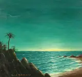 Belgian, sun setting over a rocky coastline with palm trees in the foreground by Karel Holemans, oil on canvas, offered Dec 2020