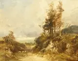 British, A scenic path leading to a lake with sheep grazing by Carl Brennir, oil on board, offered Dec 2020