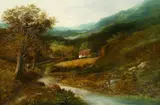British, a pair of oil on canvas paintings of scenes of cottages by a river, 20" x 30 by Edward Nevil, oil on canvas, offered Dec 2020