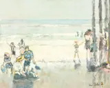 Figures on a beach with waves breaking beyond by Ross Foster, oil on canvas, offered Dec 2020
