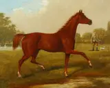 Irish, A prancing horse in a landscape with figures and a dog by Samuel Spode, oil on canvas, sold Dec 2020