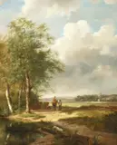 Flemish, Figures conversing on a country path with a harvesting scene in the distance by P.J. Huysmans, oil on paper, sold Dec 2020