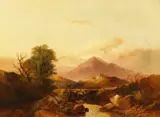British, Wayfarers crossing a bridge in a mountainous landscape by Joseph Horlor, oil on canvas, offered Dec 2020