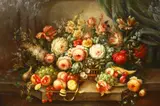 An abundant still life of mixed flowers and fruit by N. Kelly Swan, oil on panel, offered Dec 2020