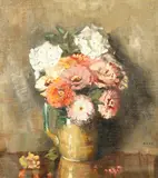 British, A still life of mixed flowers in a terracotta jug by William George Robb, oil on canvas, offered Dec 2020