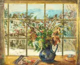 British, Still life of foliage in a blue jug with a mountain view beyond by William Thornton Brocklebank, oil on board, offered Dec 2020