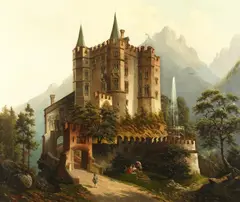 Continental, A pair of scenes of castles in dramatic landscapes by K. Herrle, oil on canvas, sold Dec 2020