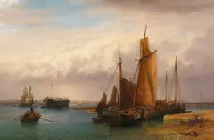 A view of shipping at Chichester with Bosham Church in the background by William Henry Mason, oil on canvas, sold Dec 2020