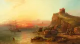 British, A coastal scene at sunset with figures and resting boats by William James Durrant Ready, oil on canvas, offered Dec 2020