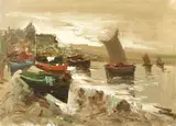 Boats moored on a shoreline with town buildings beyond by E. Vanni, oil on canvas, sold Dec 2020