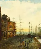 British, A scene of figures conversing on a quayside with ships and masts beyond by J. Hooper, oil on canvas, sold Dec 2020