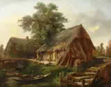 French, Riverside dwellings with resting boats and livestock by Jules Louis Marie Lhote, oil on canvas, offered Dec 2020