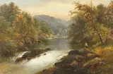 British, Angler by waterfall at dusk with mountains beyond by George B. Yarnold, oil on canvas, offered Dec 2020