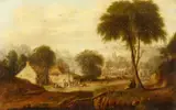 British, The village fete with an artist in the foreground and a castle beyond by Abel Hold, oil on canvas, offered Dec 2020