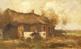 Dutch, Castle and figures outside farm buildings by William George Frederick Jansen, oil on canvas, offered Dec 2020