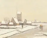 A winter landscape with wayfarers on a frozen waterway by W. Router, oil on canvas, sold Dec 2020