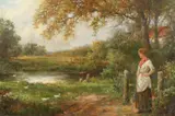 British, A young lady with ducks by a river with fields beyond by Stanley Leighton, oil on canvas, offered Dec 2020