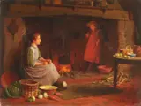 British, scene of a country cottage interior with figures by a fire by Henry Edward Spernon Tozer, oil on canvas, offered Dec 2020