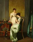 French, Ladies reading a letter in a formal room setting by Benjamin Eugen Fichel, oil, offered Dec 2020
