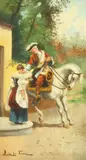 An amorous gentleman on horseback receiving a drink from a lady by Luis de La Torre, oil on board, sold Dec 2020