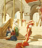 Preparing for the Festival' with Spanish figures on the steps by Frank William Warwick Topham, oil on board, offered Dec 2020