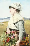 French, Portrait of a young lady with a bouquet of wildflowers in a river landscape by Eugéne-Gabriel André, oil on canvas, sold Dec 2020