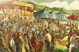 British, Scene of figures at an outdoor circus by Derek Higginson, oil on canvas, offered Dec 2020