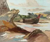 British, A cove with a disused boat by Phylis Bray, oil on canvas, sold Dec 2020