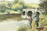 British, A scene of a father and son angling with figures in a boat on the banks beyond by Tom Brown, oil on canvas, offered Dec 2020