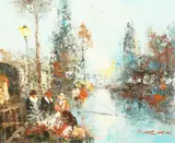 American, An impressionist street scene with figures bathed in the glow of a street lamp by D. B. Barton, oil on canvas, offered Dec 2020