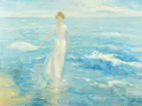 A woman in a white dress walking on a shoreline by Albert Redon, oil on canvas, offered Dec 2020