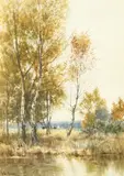 British, A river scene with reeds and trees and cows in a field beyond by James Edward Grace, watercolour, offered Dec 2020