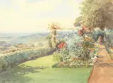 British, A garden scene with flowers and hedging along a path by Arthur Mayrick, watercolour, offered Dec 2020