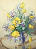 British, A still life of mixed flowers in a classical style blue jug by Marion Broom, watercolour, sold Dec 2020