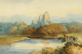 A view of castle ruins on a hilltop with a river and sheep by J MacDiarmid, watercolour, offered Dec 2020
