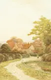 British, figure in a pathway before cottages by George Oyston, watercolour, offered Dec 2020