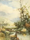 British, Rocky River landscape with mountains beyond by Charles Frederick Allbon, watercolour, offered Dec 2020