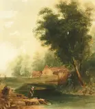 British, A country scene with a female figure in the foreground and a house beyond by B. Williams Leader, 1949, watercolour, offered Dec 2020