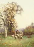 British, A Shepherd and his flock beneath blossom by Benjamin Sigmund, watercolour, offered Dec 2020