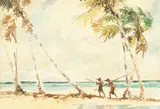 Malaysia, A Scene of figures on a beach with palm trees by Mun Sen, watercolour, sold Dec 2020