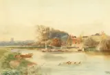 British, A view across a river with buildings and a church beyond by Henry Charles Fox, watercolour, offered Dec 2020