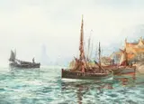 British, Boats in the harbour with a rocky coastline beyond by Frederick William Scarborough, watercolour, offered Dec 2020