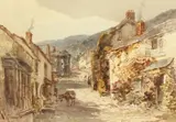 British, view of a costal village with figures and donkey by Alfred Layman, watercolour, sold Dec 2020