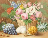 British, A still life of mixed flowers in a basket with fruit by James Clapham, watercolour, sold Dec 2020