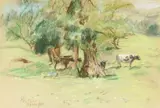 British, three landscapes in farm settings by Greta Delleany, pastel, offered Dec 2020