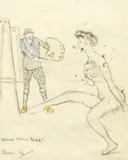 American, An artist and model being attacked by bees by Edward Alfred Cucuel, pencil and crayon, sold Dec 2020