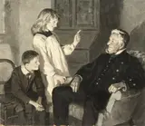 British, A warm hearted discussion with father, en grisaille by Percy Tarrant, oil on paper, offered Dec 2020