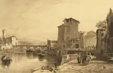 British, The Port of Leghorn, a port scene with multiple figures and a town beyond by Charles Oliver Murray, etching, offered Dec 2020