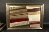 American, an untitled abstract with gold silver black and maroon by Linda Kall, mixed media, offered Dec 2020
